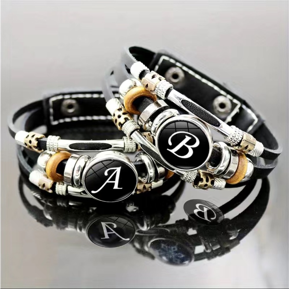 1pc Handmade Braided Punk Style A-Z Leather Bracelet for Men & Women